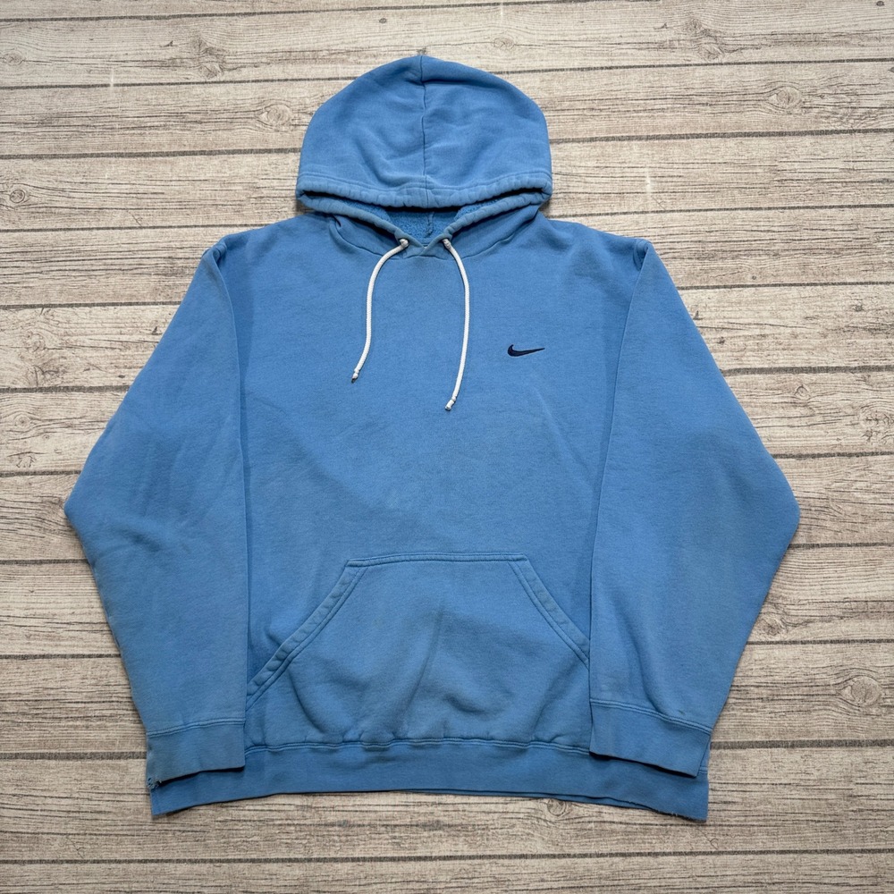 Y2K Nike Sportswear Hoodie Men's L Blue Fleece Swoosh Pullover Silver Tag